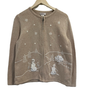 Northern Reflections Winter Snowman Embroidered Zip Vintage Cardigan Beige Tan